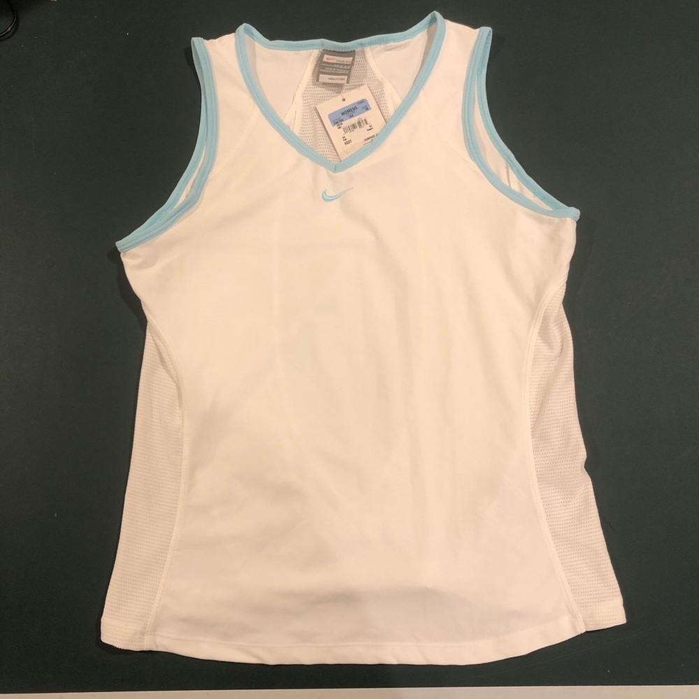 NikeFit Dry Dri V Neck Womens M Tank Shirt Top White Blue NWT Mesh Logo